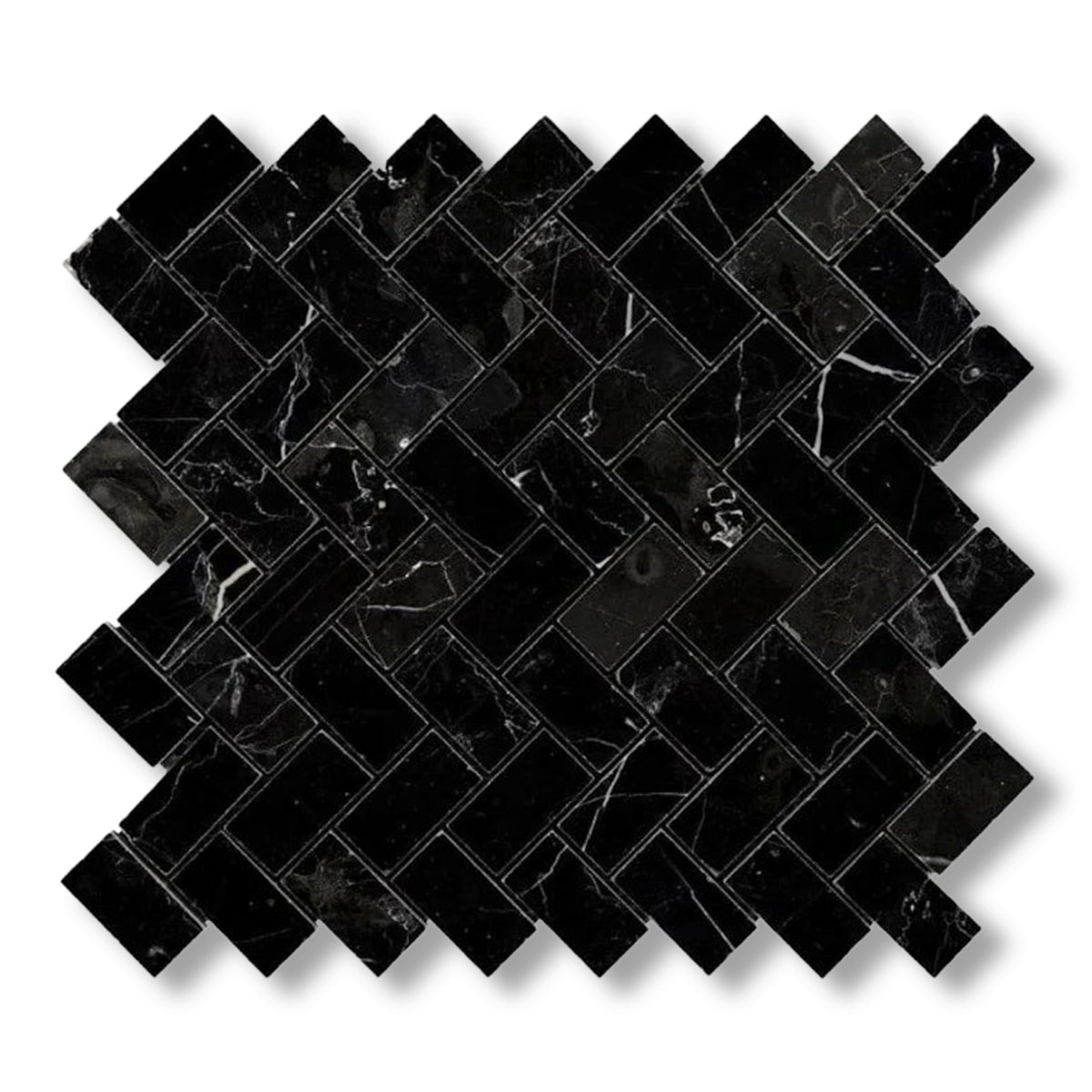 1x2 Black Marquina Marble Polished Herringbone Mosaic Tile - American Tile Depot