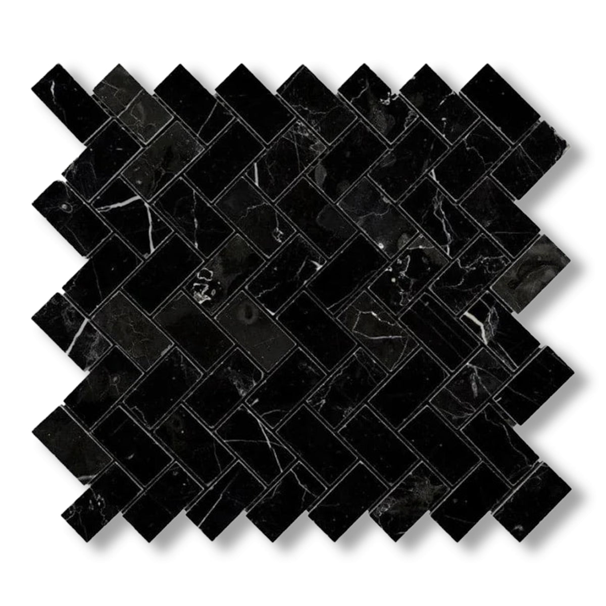 1x2 Black Marquina Marble Polished Herringbone Mosaic Tile - American Tile Depot