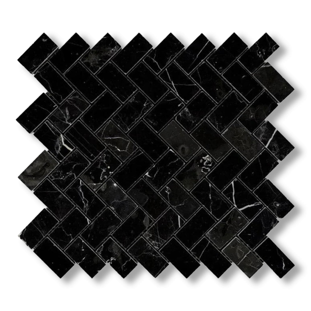 1x2 Black Marquina Marble Polished Herringbone Mosaic Tile - American Tile Depot