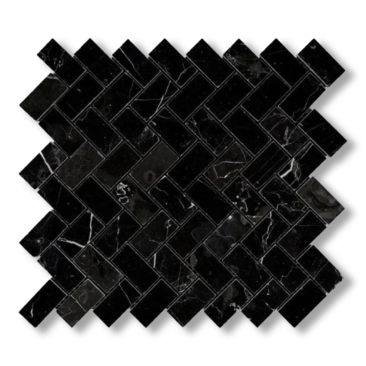 1x2 Black Marquina Marble Polished Herringbone Mosaic Tile - American Tile Depot