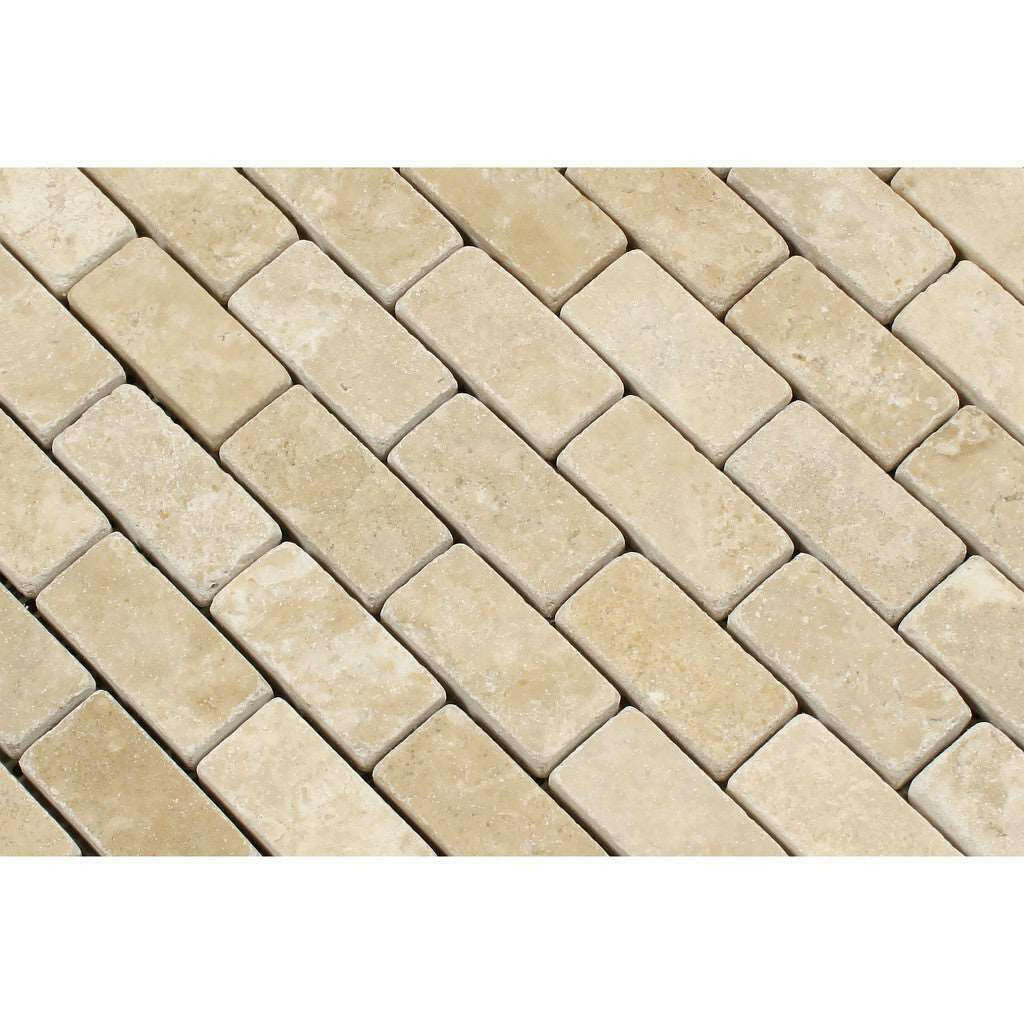 1x2 Durango Cream Travertine Tumbled Brick Mosaic Tile - American Tile Depot