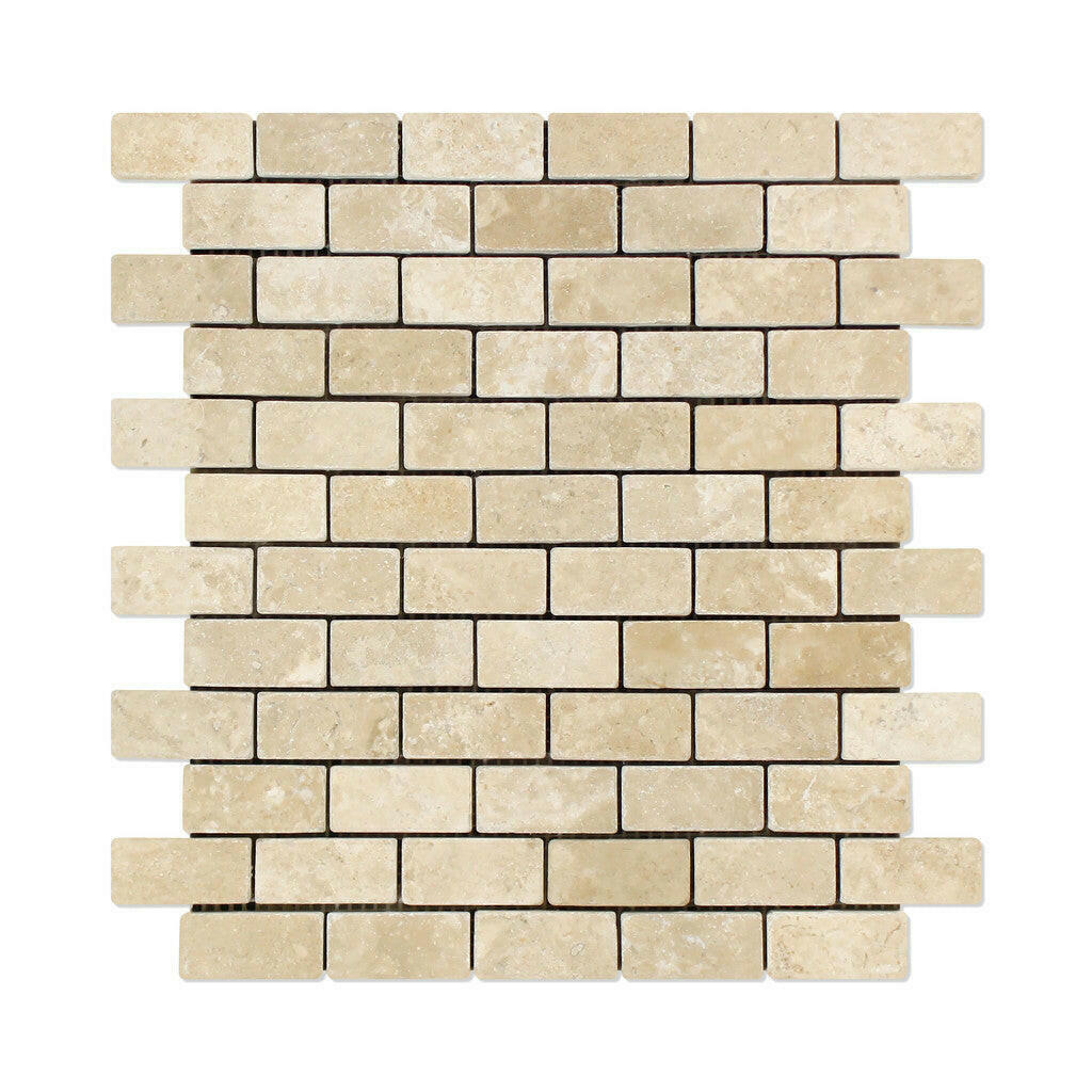 1x2 Durango Cream Travertine Tumbled Brick Mosaic Tile 1x2 Durango Cream Travertine Tumbled Brick Mosaic Tile - American Tile Depot