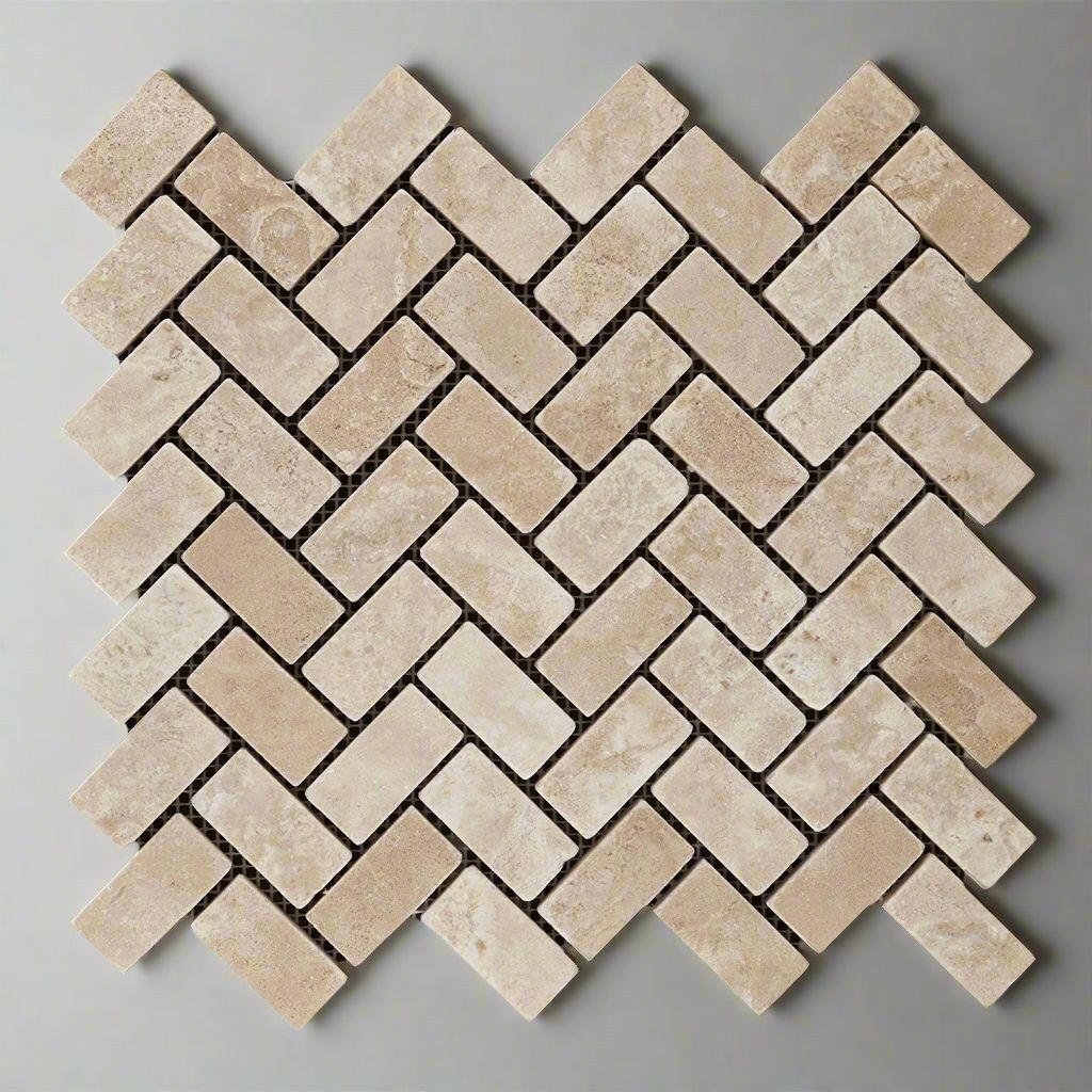1x2 Durango Cream Travertine Tumbled Herringbone Mosaic Tile 1x2 Durango Cream Travertine Tumbled Herringbone Mosaic Tile - American Tile Depot