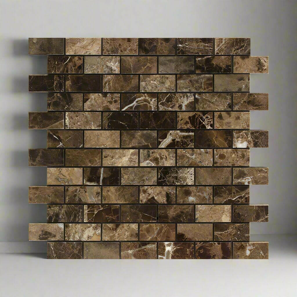 1x2 Emperador Dark Marble Polished Brick Mosaic Tile 1x2 Emperador Dark Marble Polished Brick Mosaic Tile - American Tile Depot
