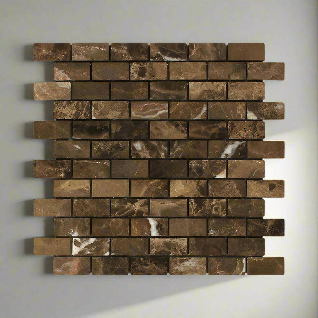 1x2 Emperador Dark Marble Tumbled Brick Mosaic Tile 1x2 Emperador Dark Marble Tumbled Brick Mosaic Tile - American Tile Depot