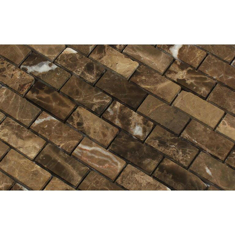 1x2 Emperador Dark Marble Tumbled Brick Mosaic Tile 1x2 Emperador Dark Marble Tumbled Brick Mosaic Tile - American Tile Depot