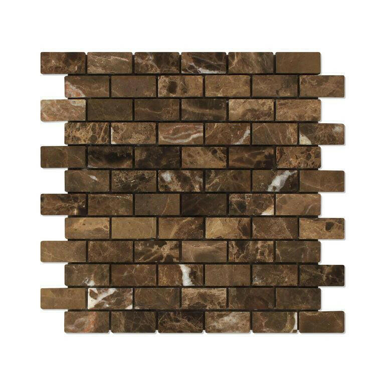 1x2 Emperador Dark Marble Tumbled Brick Mosaic Tile 1x2 Emperador Dark Marble Tumbled Brick Mosaic Tile - American Tile Depot