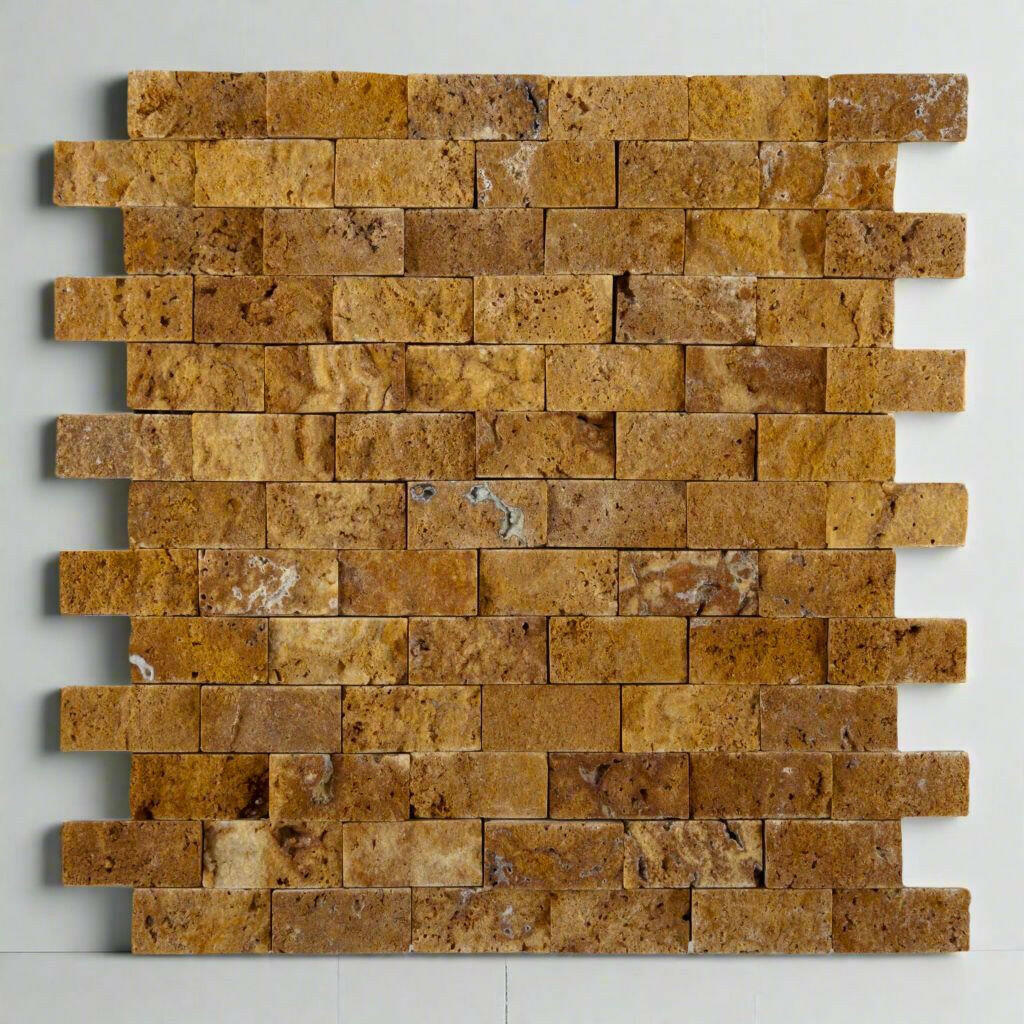 1x2 Gold / Yellow Travertine Split-Faced Brick Mosaic Tile 1x2 Gold / Yellow Travertine Split-Faced Brick Mosaic Tile - American Tile Depot