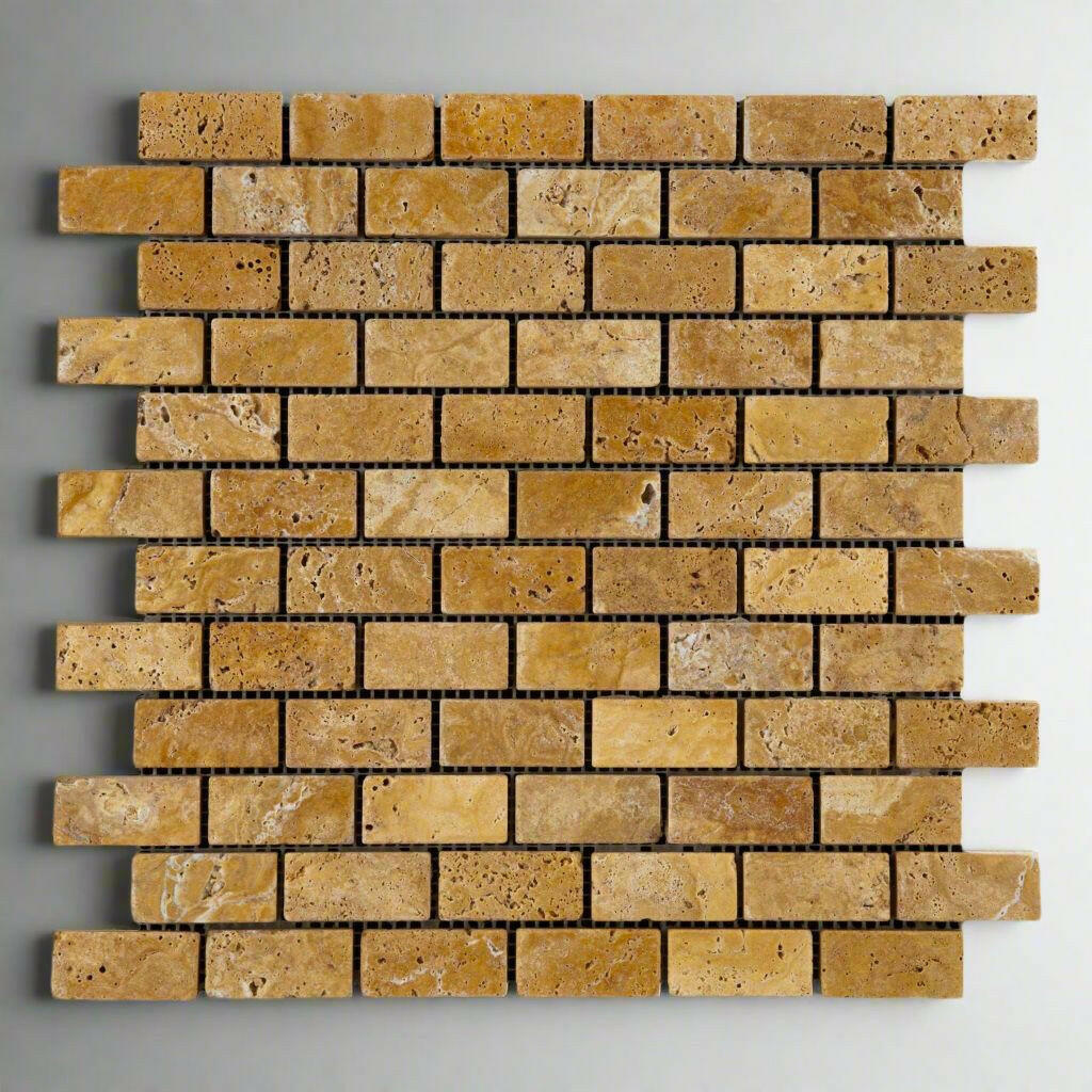 1x2 Gold / Yellow Travertine Tumbled Brick Mosaic Tile 1x2 Gold / Yellow Travertine Tumbled Brick Mosaic Tile - American Tile Depot