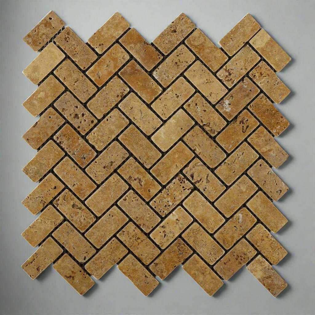 1x2 Gold / Yellow Travertine Tumbled Herringbone Mosaic Tile 1x2 Gold / Yellow Travertine Tumbled Herringbone Mosaic Tile - American Tile Depot