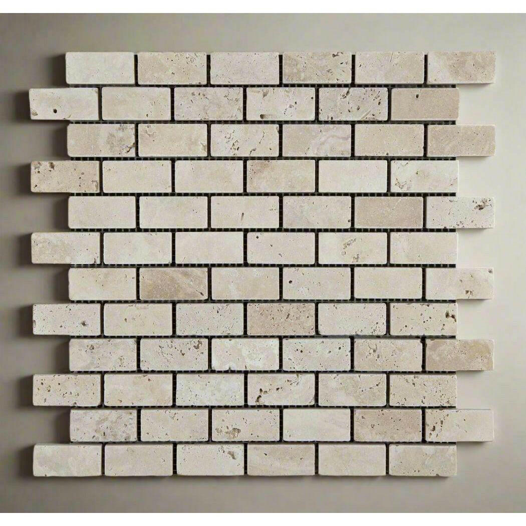 1x2 Ivory Travertine Tumbled Brick Mosaic Tile 1x2 Ivory Travertine Tumbled Brick Mosaic Tile - American Tile Depot