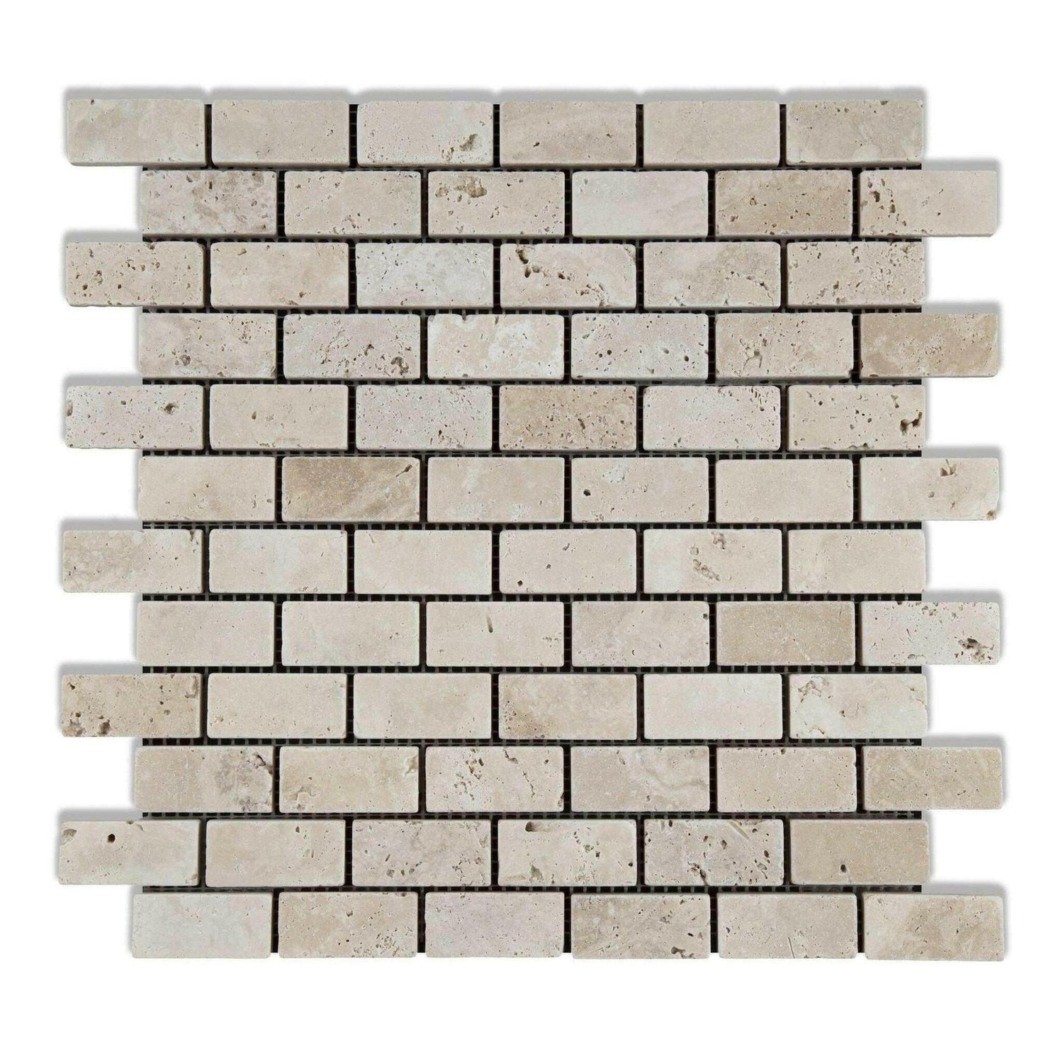 1x2 Ivory Travertine Tumbled Brick Mosaic Tile 1x2 Ivory Travertine Tumbled Brick Mosaic Tile - American Tile Depot