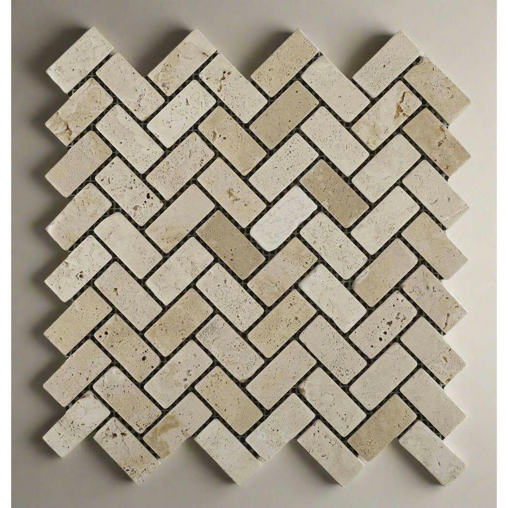 1x2 Ivory Travertine Tumbled Herringbone Mosaic Tile 1x2 Ivory Travertine Tumbled Herringbone Mosaic Tile - American Tile Depot