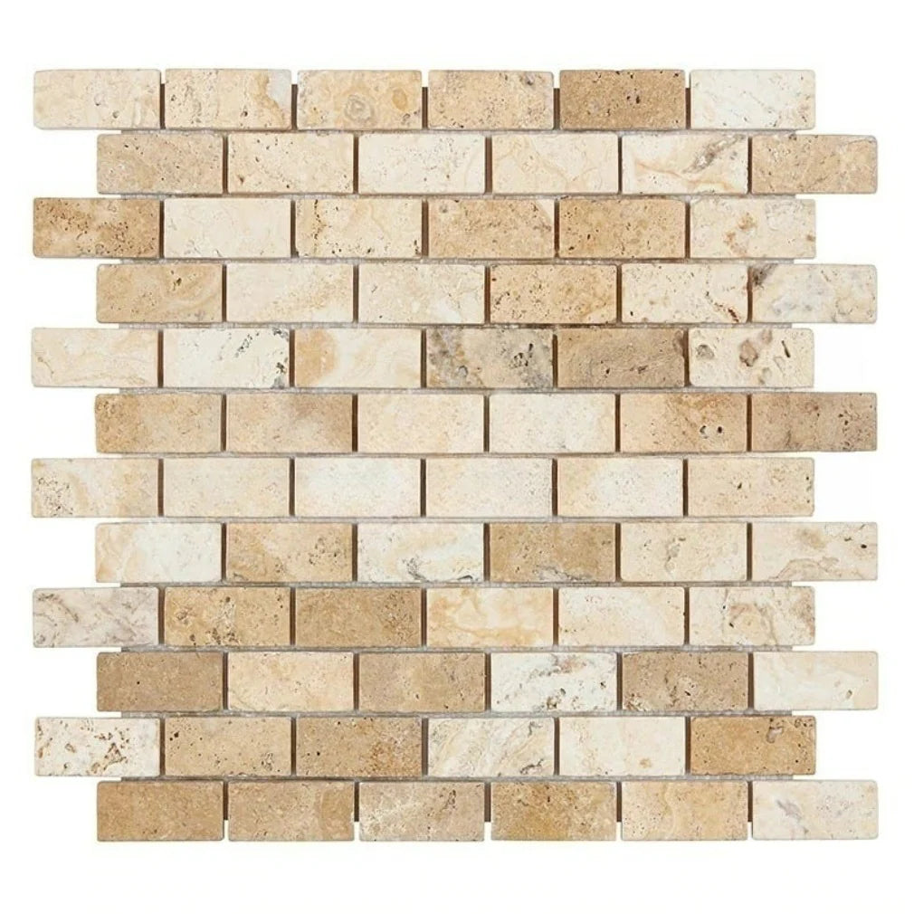 1x2 Latravonya Travertine Filled & Honed Brick Mosaic Tile 1x2 Latravonya Travertine Filled & Honed Brick Mosaic Tile - American Tile Depot