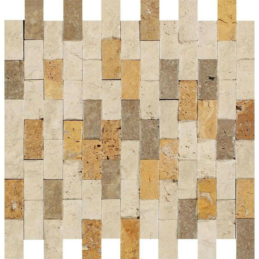 1x2 Mixed Travertine Split-Faced Brick Mosaic Tile 1x2 Mixed Travertine Split-Faced Brick Mosaic Tile - American Tile Depot