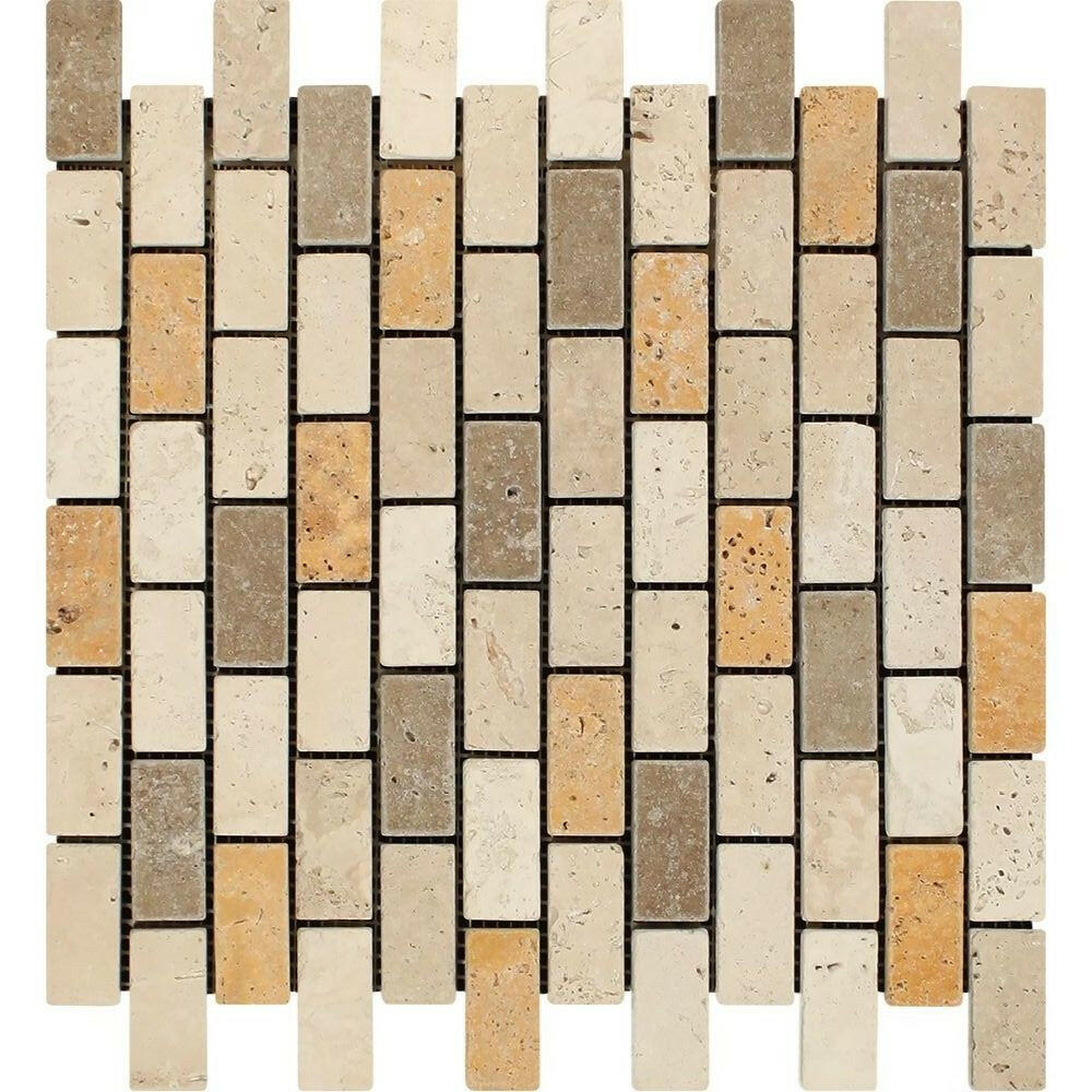1x2 Mixed Travertine Tumbled Brick Mosaic Tile 1x2 Mixed Travertine Tumbled Brick Mosaic Tile - American Tile Depot