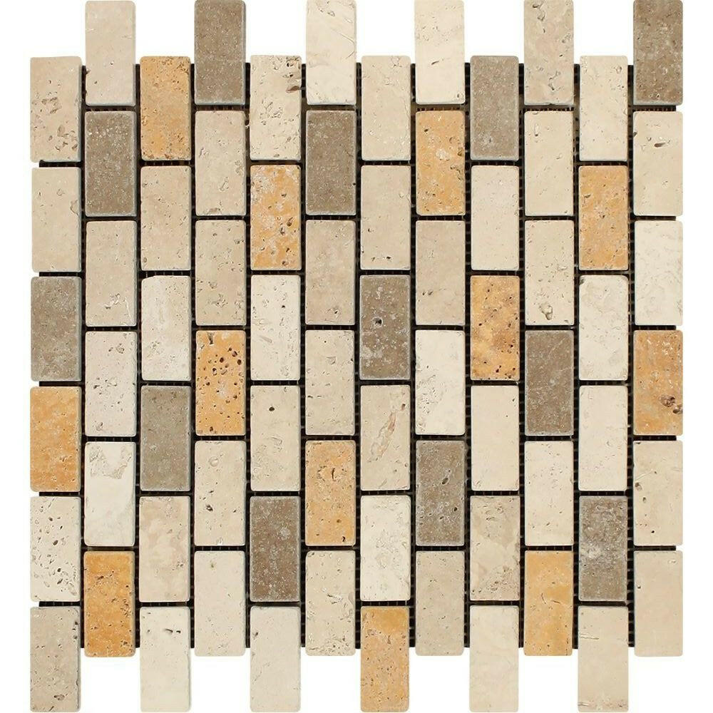 1x2 Mixed Travertine Tumbled Brick Mosaic Tile 1x2 Mixed Travertine Tumbled Brick Mosaic Tile - American Tile Depot