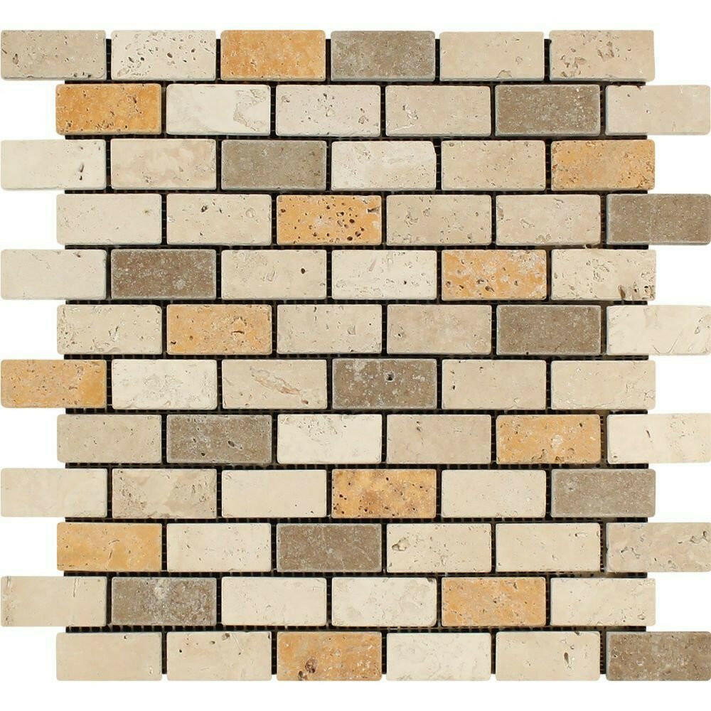 1x2 Mixed Travertine Tumbled Brick Mosaic Tile 1x2 Mixed Travertine Tumbled Brick Mosaic Tile - American Tile Depot