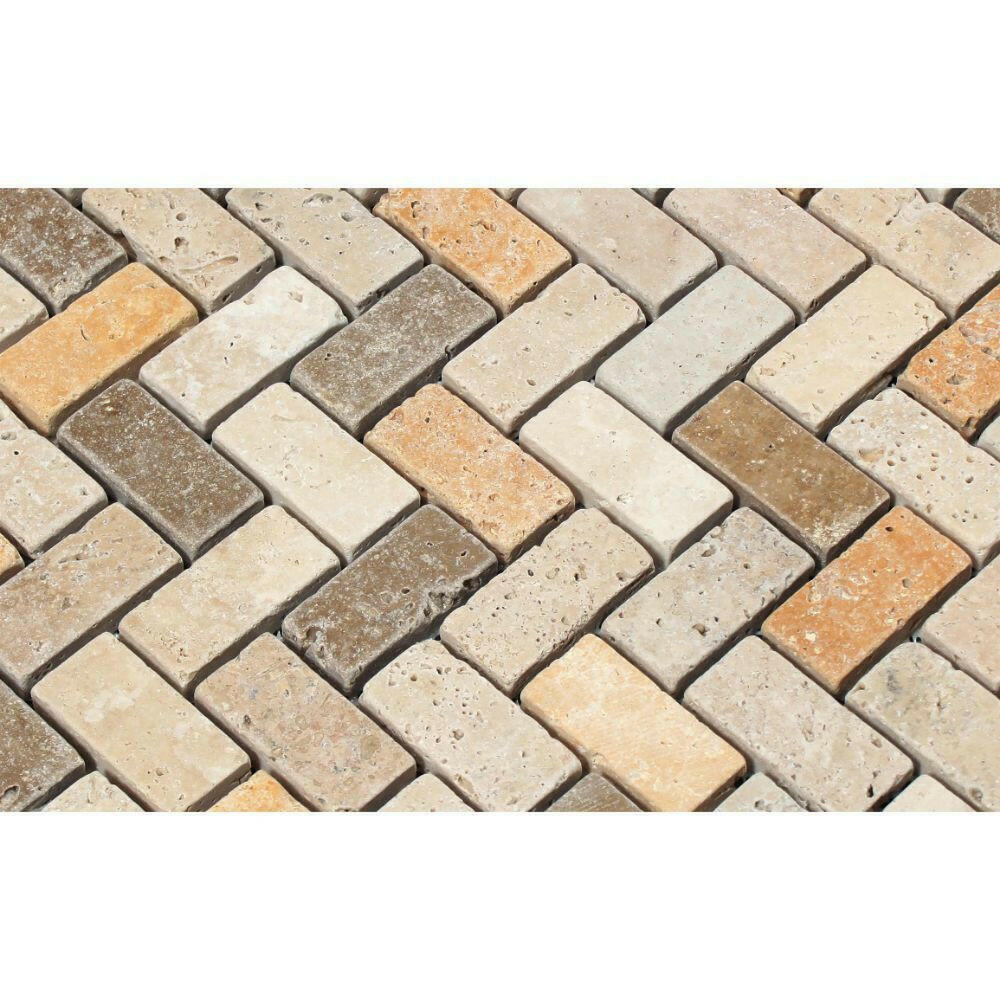 1x2 Mixed Travertine Tumbled Herringbone Mosaic Tile 1x2 Mixed Travertine Tumbled Herringbone Mosaic Tile - American Tile Depot