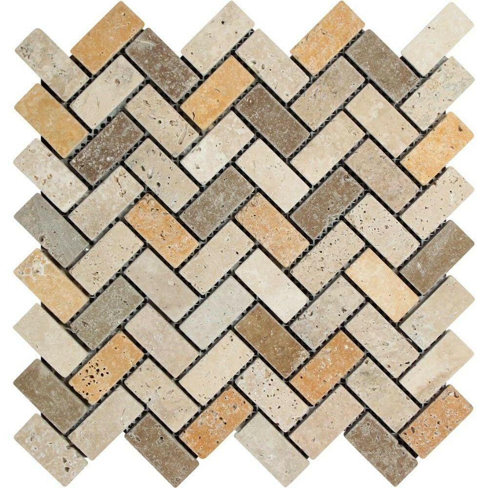 1x2 Mixed Travertine Tumbled Herringbone Mosaic Tile 1x2 Mixed Travertine Tumbled Herringbone Mosaic Tile - American Tile Depot