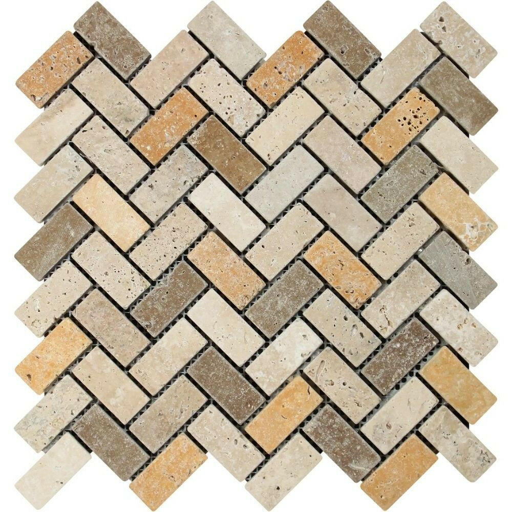 1x2 Mixed Travertine Tumbled Herringbone Mosaic Tile 1x2 Mixed Travertine Tumbled Herringbone Mosaic Tile - American Tile Depot