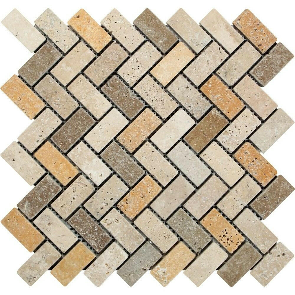 1x2 Mixed Travertine Tumbled Herringbone Mosaic Tile 1x2 Mixed Travertine Tumbled Herringbone Mosaic Tile - American Tile Depot