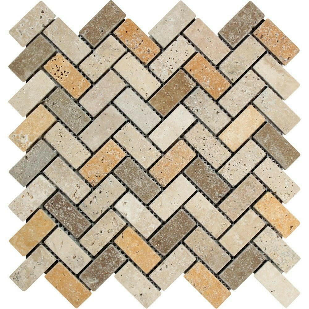 1x2 Mixed Travertine Tumbled Herringbone Mosaic Tile 1x2 Mixed Travertine Tumbled Herringbone Mosaic Tile - American Tile Depot