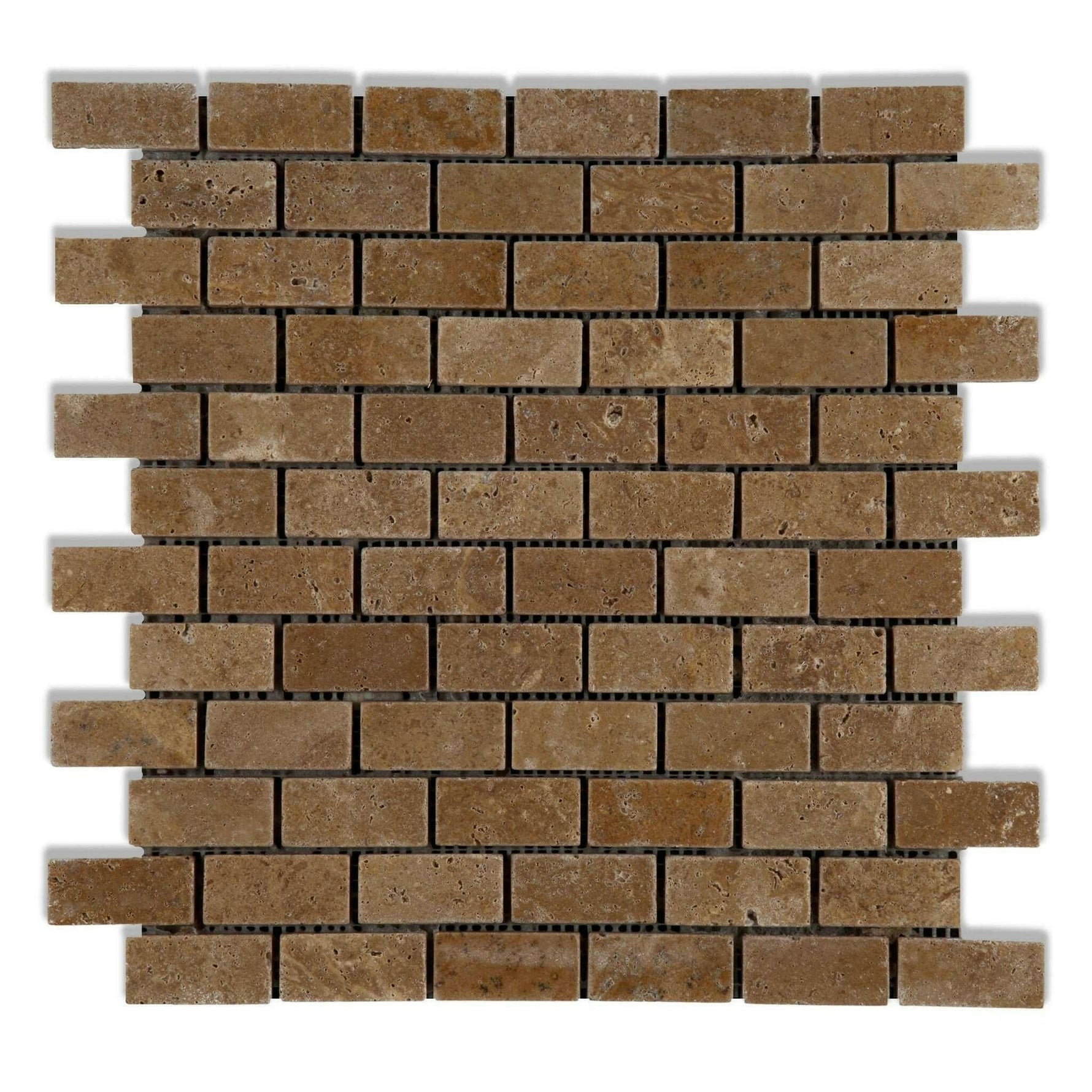 1x2 Noce Travertine Tumbled Brick Mosaic Tile 1x2 Noce Travertine Tumbled Brick Mosaic Tile - American Tile Depot