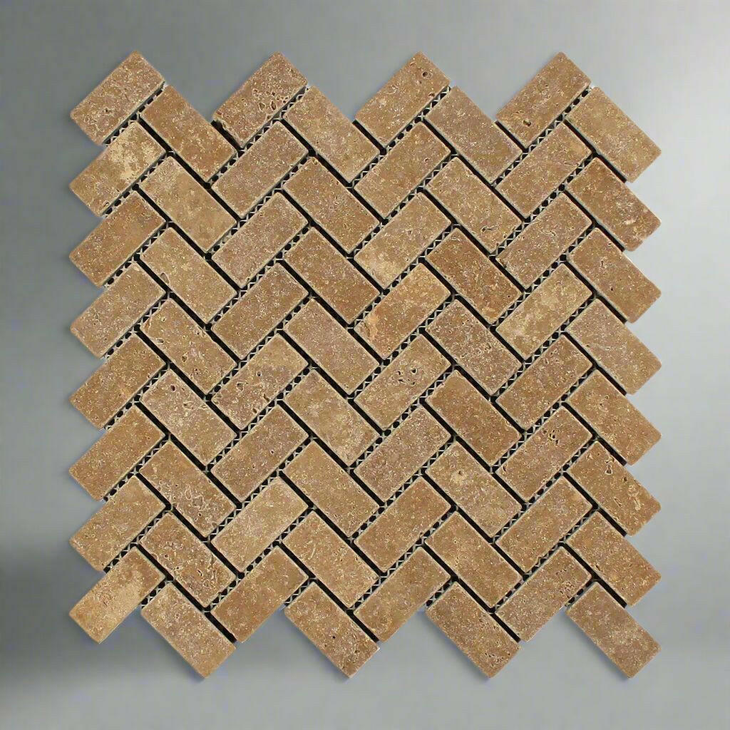 1x2 Noce Travertine Tumbled Herringbone Mosaic Tile 1x2 Noce Travertine Tumbled Herringbone Mosaic Tile - American Tile Depot