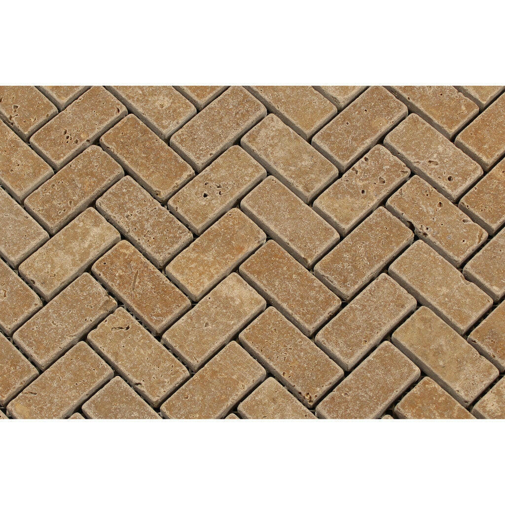 1x2 Noce Travertine Tumbled Herringbone Mosaic Tile 1x2 Noce Travertine Tumbled Herringbone Mosaic Tile - American Tile Depot