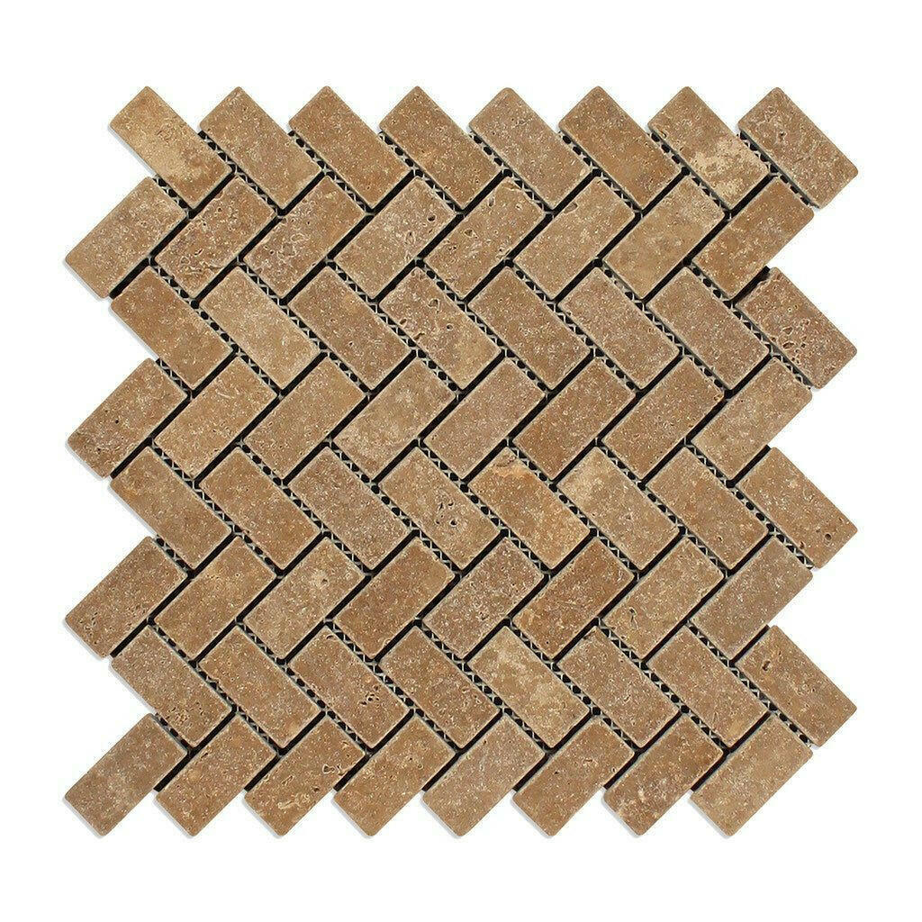 1x2 Noce Travertine Tumbled Herringbone Mosaic Tile 1x2 Noce Travertine Tumbled Herringbone Mosaic Tile - American Tile Depot