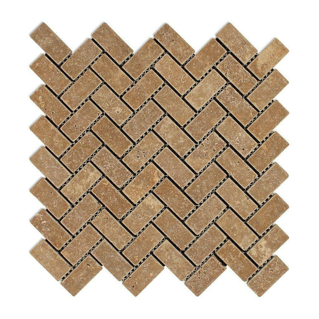 1x2 Noce Travertine Tumbled Herringbone Mosaic Tile 1x2 Noce Travertine Tumbled Herringbone Mosaic Tile - American Tile Depot