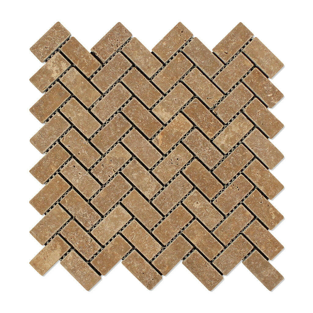 1x2 Noce Travertine Tumbled Herringbone Mosaic Tile 1x2 Noce Travertine Tumbled Herringbone Mosaic Tile - American Tile Depot