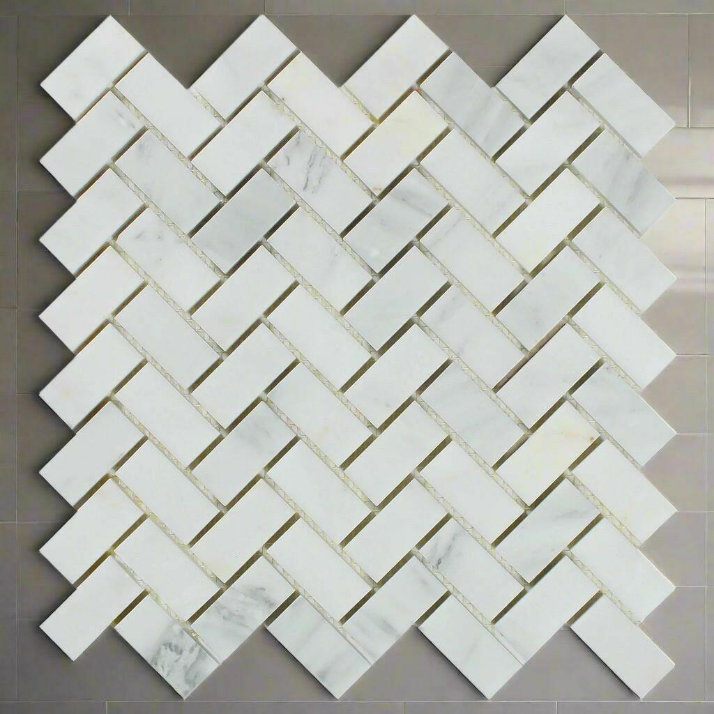 1x2 Oriental White / Asian Statuary Marble Polished Herringbone Mosaic Tile 1x2 Oriental White / Asian Statuary Marble Polished Herringbone Mosaic Tile - American Tile Depot