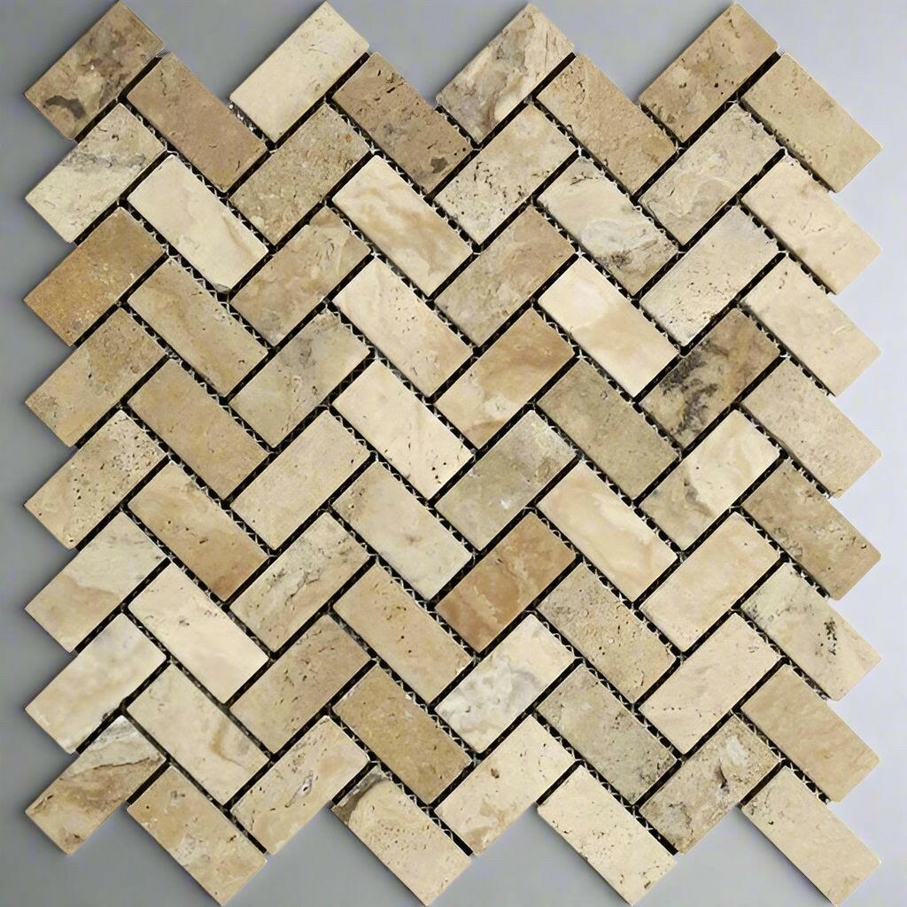 1x2 Philadelphia Travertine Tumbled Herringbone Mosaic Tile 1x2 Philadelphia Travertine Tumbled Herringbone Mosaic Tile - American Tile Depot