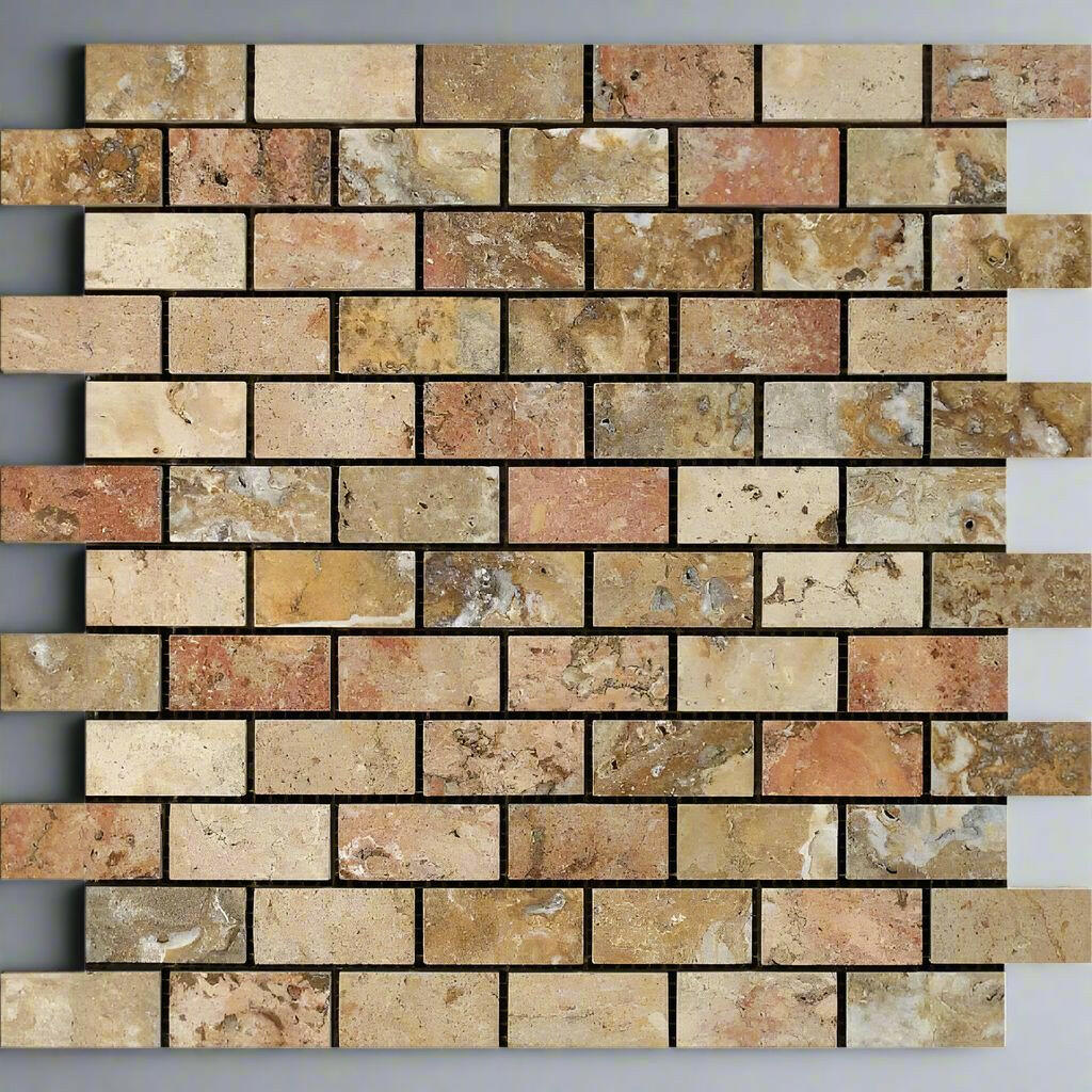 1x2 Scabos Travertine Polished Brick Mosaic Tile 1x2 Scabos Travertine Polished Brick Mosaic Tile - American Tile Depot