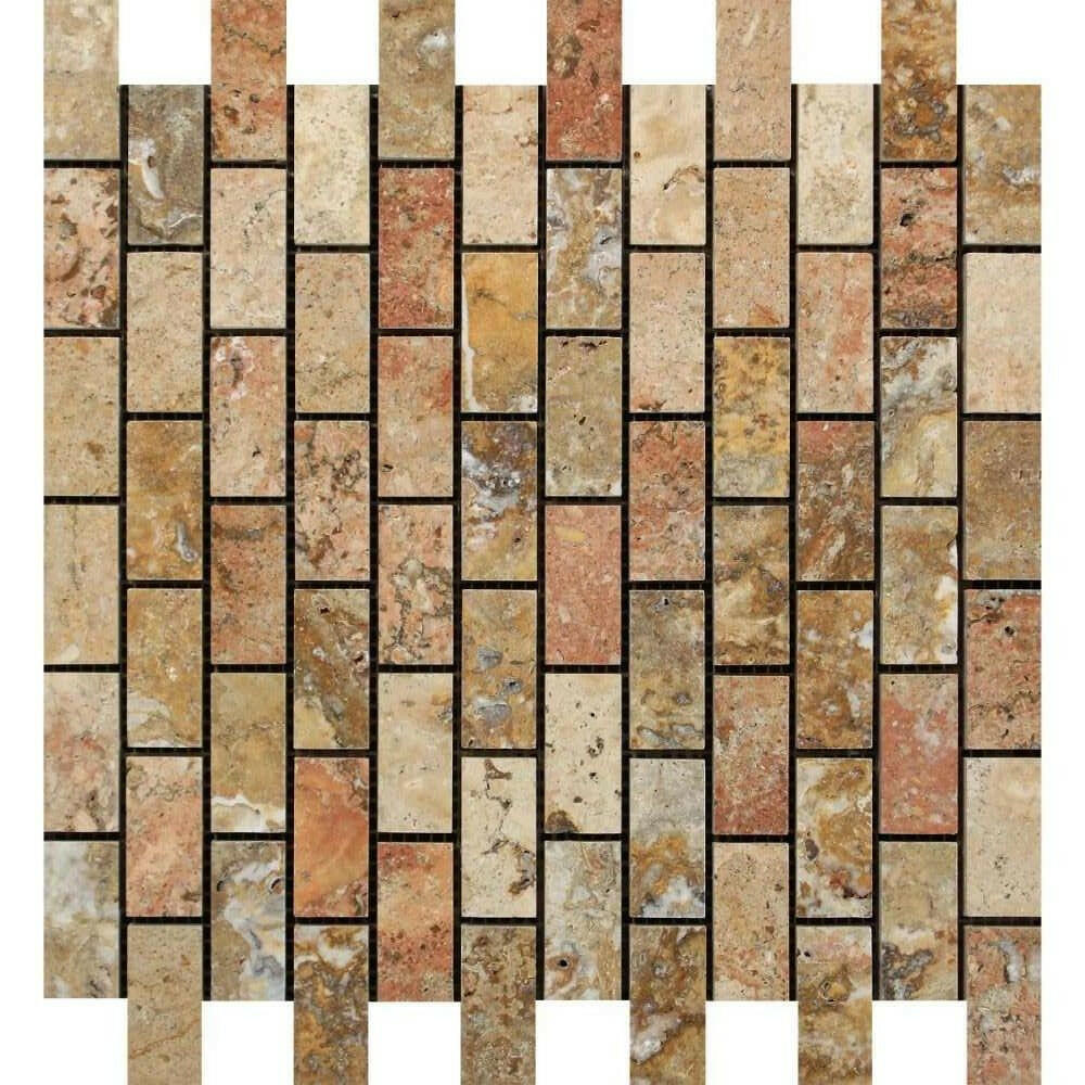 1x2 Scabos Travertine Polished Brick Mosaic Tile 1x2 Scabos Travertine Polished Brick Mosaic Tile - American Tile Depot