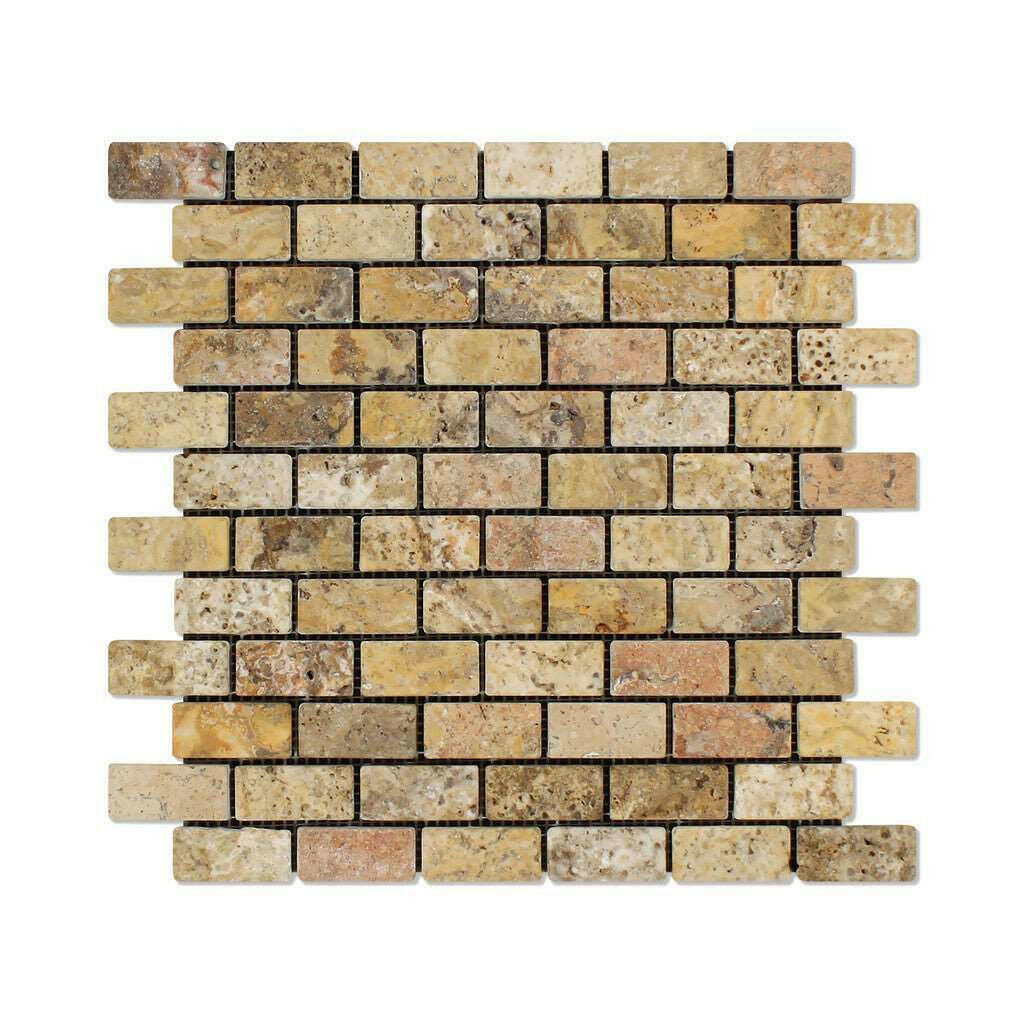 1x2 Scabos Travertine Tumbled Brick Mosaic Tile 1x2 Scabos Travertine Tumbled Brick Mosaic Tile - American Tile Depot