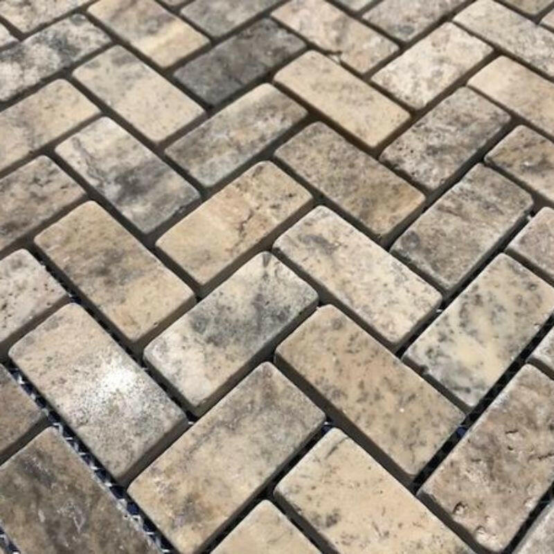 1x2 Silver Travertine Tumbled Herringbone Mosaic Tile 1x2 Silver Travertine Tumbled Herringbone Mosaic Tile - American Tile Depot