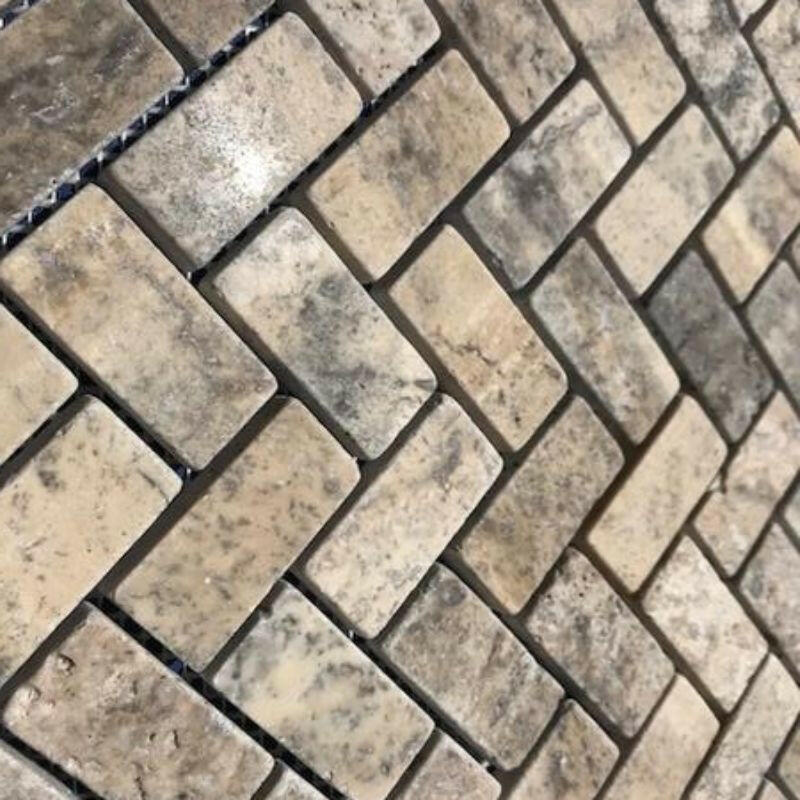 1x2 Silver Travertine Tumbled Herringbone Mosaic Tile 1x2 Silver Travertine Tumbled Herringbone Mosaic Tile - American Tile Depot