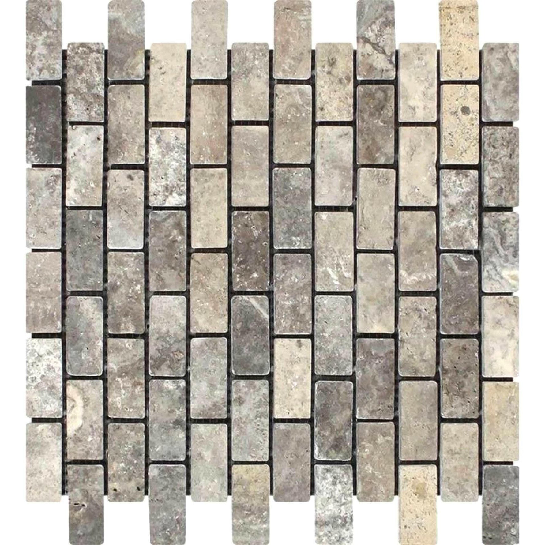 1x2 Silver Travertine Tumbled Mosaic Tile 1x2 Silver Travertine Tumbled Mosaic Tile - American Tile Depot