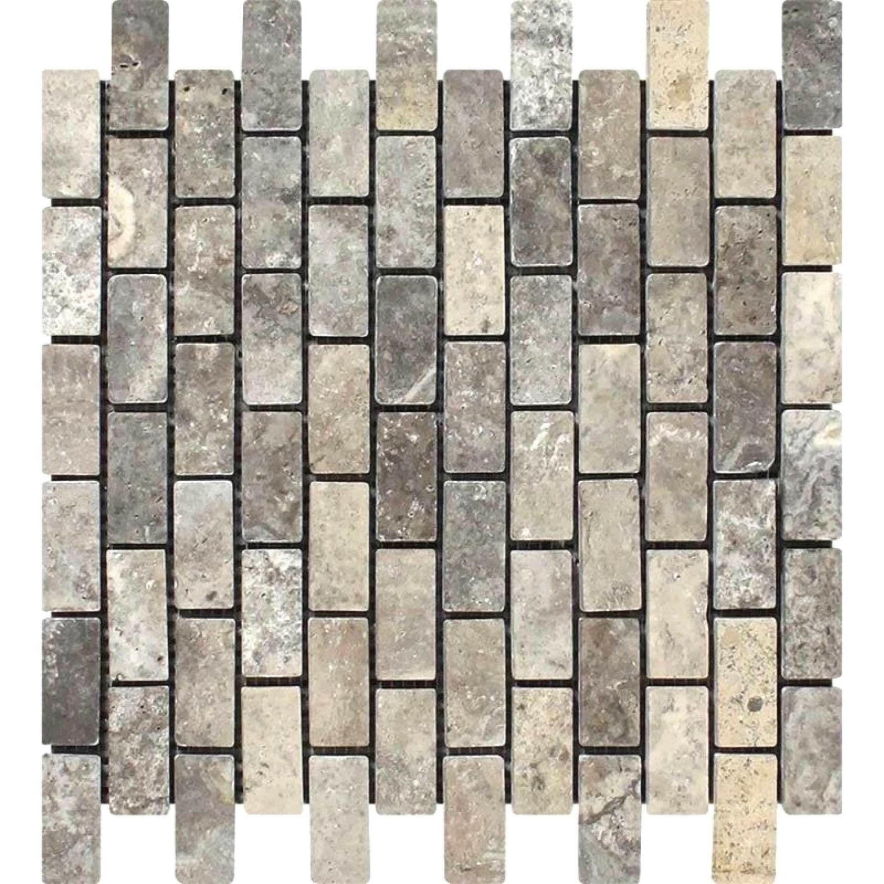 1x2 Silver Travertine Tumbled Mosaic Tile 1x2 Silver Travertine Tumbled Mosaic Tile - American Tile Depot