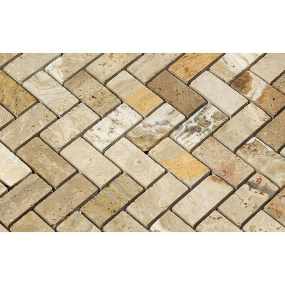 1x2 Valencia Travertine Tumbled Herringbone Mosaic Tile 1x2 Valencia Travertine Tumbled Herringbone Mosaic Tile - American Tile Depot