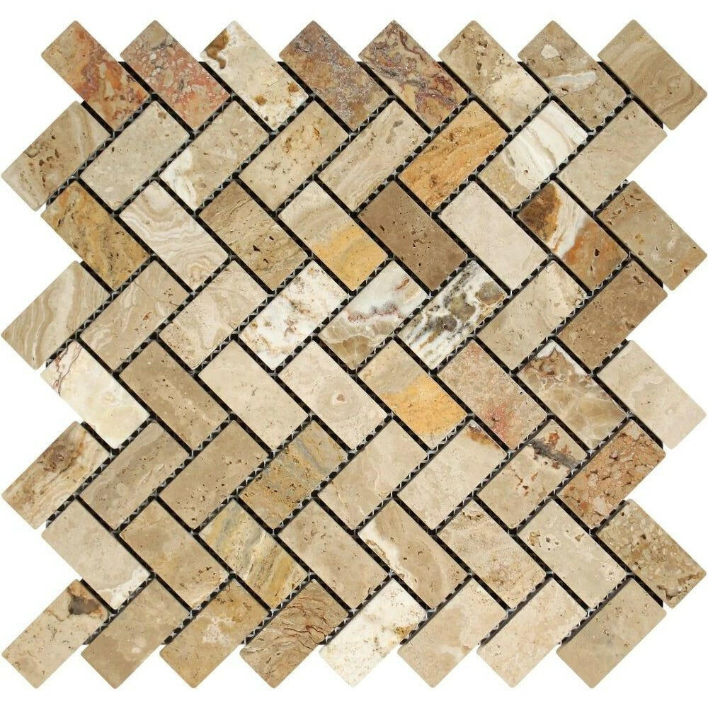 1x2 Valencia Travertine Tumbled Herringbone Mosaic Tile 1x2 Valencia Travertine Tumbled Herringbone Mosaic Tile - American Tile Depot