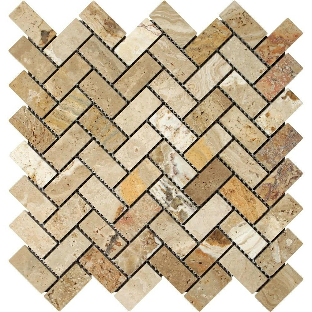 1x2 Valencia Travertine Tumbled Herringbone Mosaic Tile 1x2 Valencia Travertine Tumbled Herringbone Mosaic Tile - American Tile Depot
