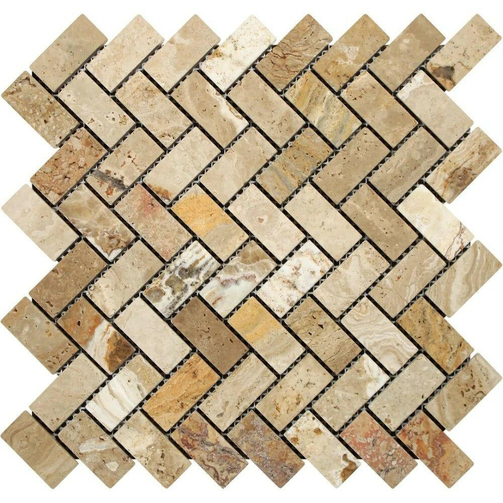 1x2 Valencia Travertine Tumbled Herringbone Mosaic Tile 1x2 Valencia Travertine Tumbled Herringbone Mosaic Tile - American Tile Depot