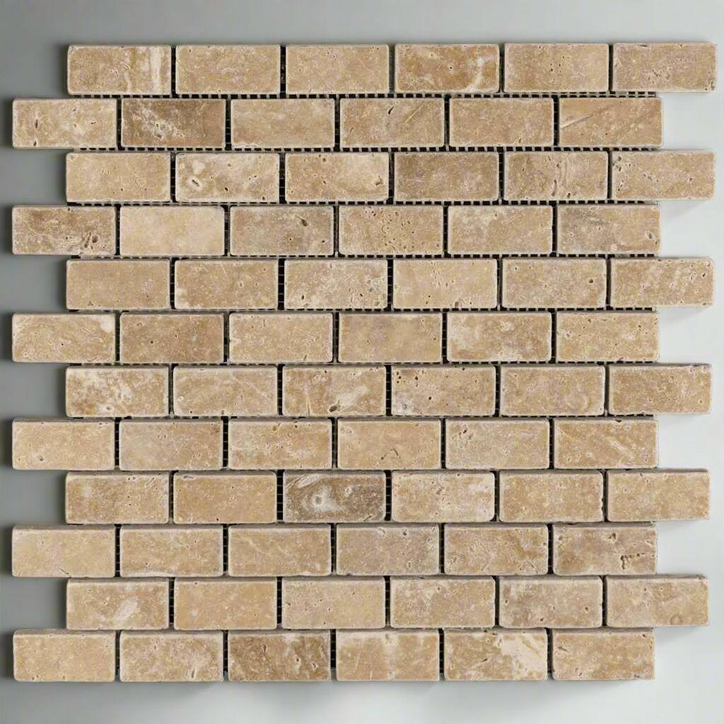1x2 Walnut Travertine Tumbled Brick Mosaic Tile 1x2 Walnut Travertine Tumbled Brick Mosaic Tile - American Tile Depot