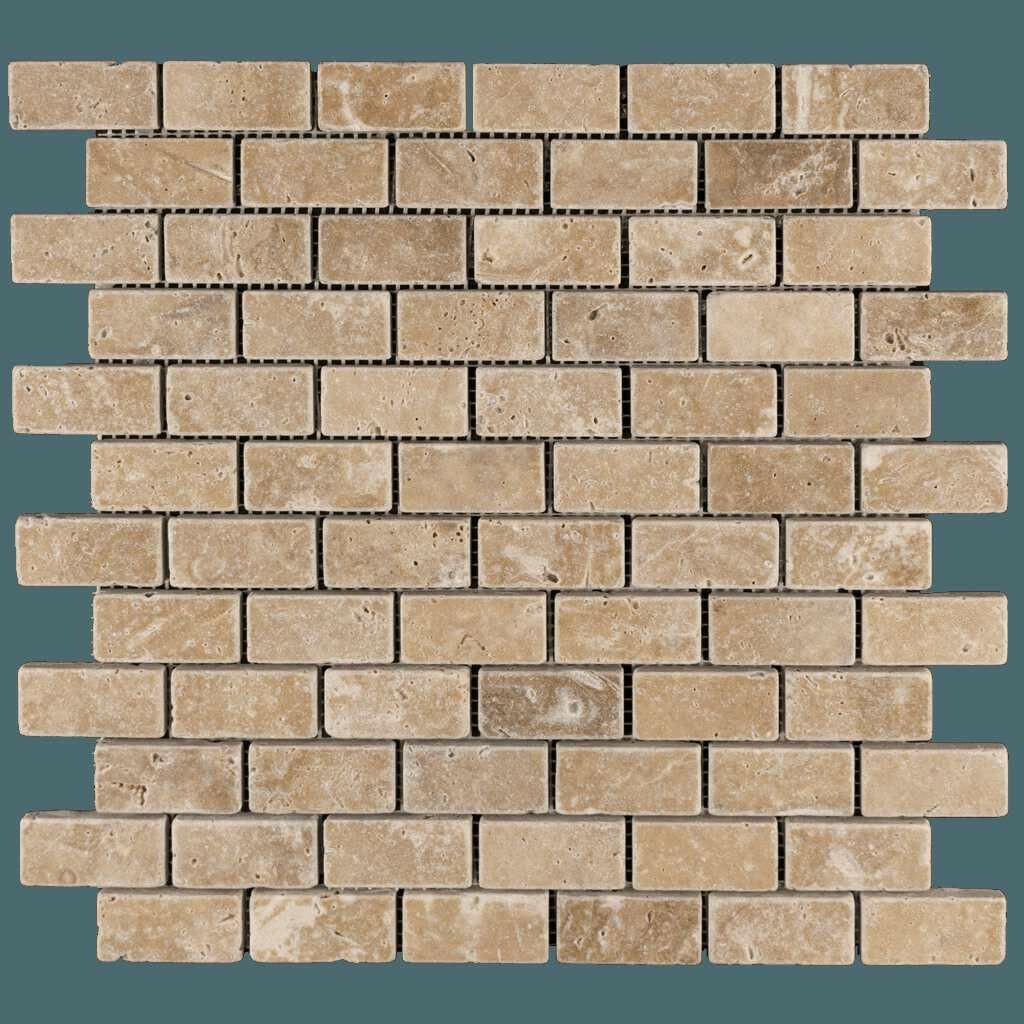 1x2 Walnut Travertine Tumbled Brick Mosaic Tile 1x2 Walnut Travertine Tumbled Brick Mosaic Tile - American Tile Depot