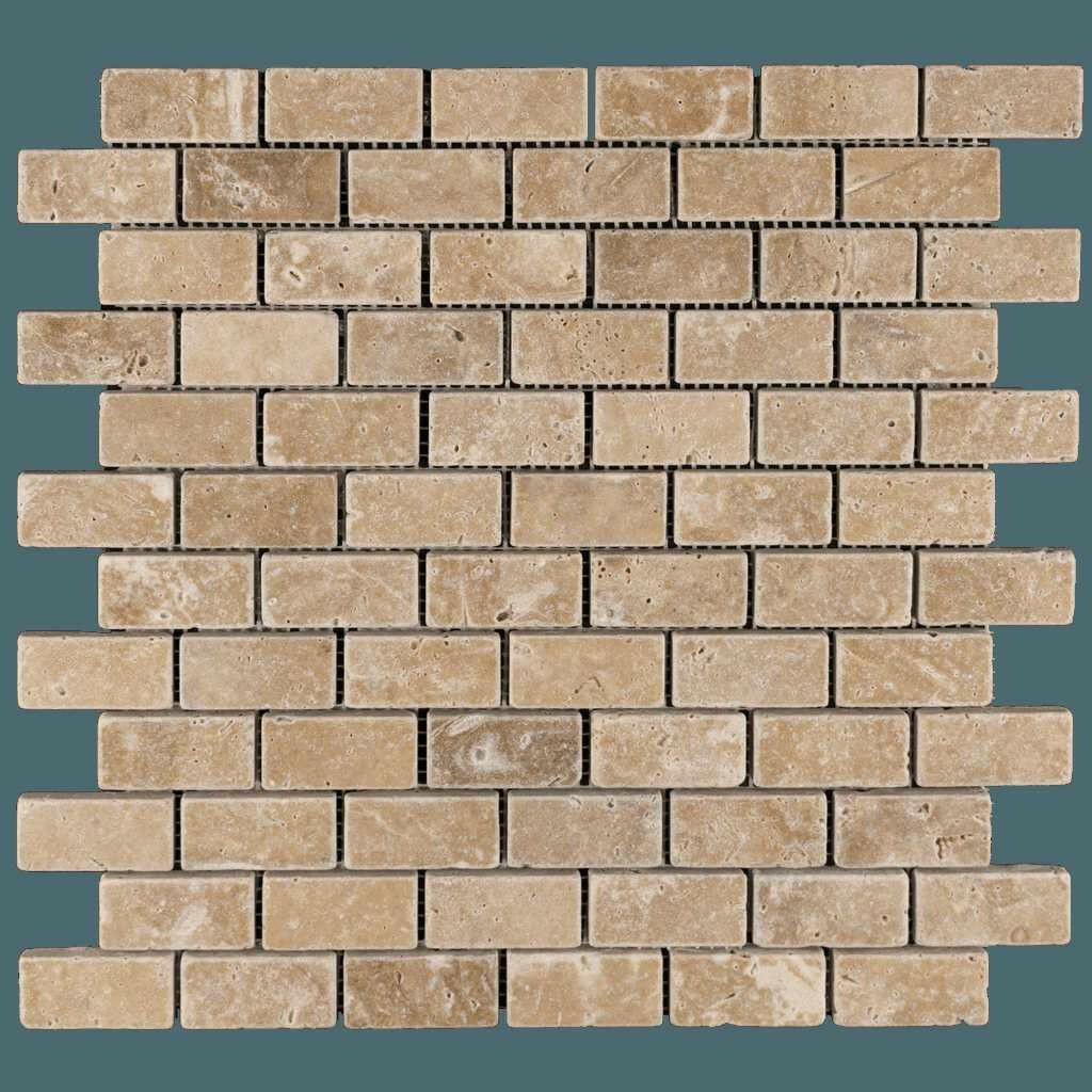 1x2 Walnut Travertine Tumbled Brick Mosaic Tile 1x2 Walnut Travertine Tumbled Brick Mosaic Tile - American Tile Depot