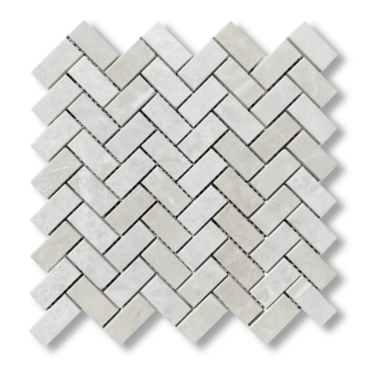 1x2 White Pearl / Botticino Marble Polished Herringbone Mosaic Tile